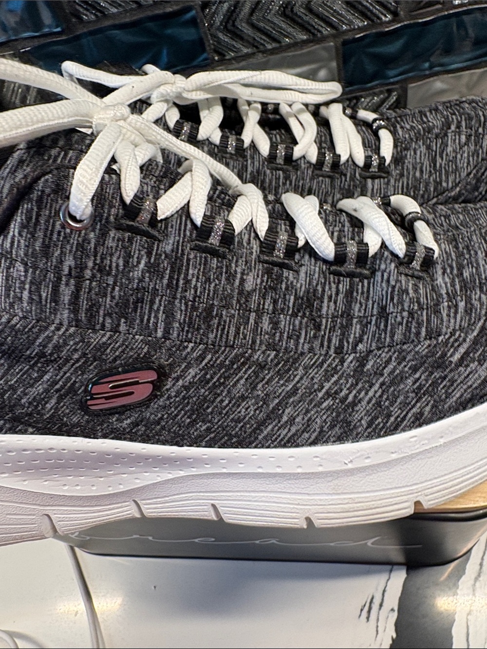 Skechers Women’s Black Heathered Knit Athletic Sneakers with White Accents - Picture 4 of 7